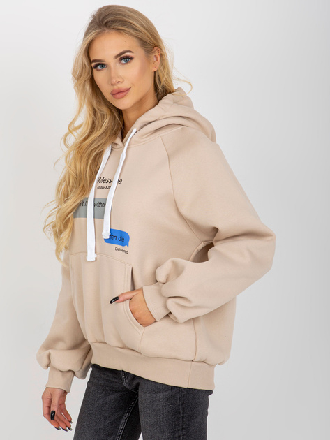 Hurt Beżowa dresowa bluza z nadrukiem i kapturem