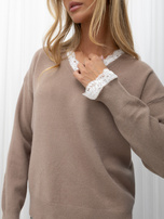Dark beige elegant V-neck sweater.