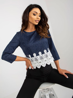 Hurt Granatowa krótka bluzka wizytowa z rękawem 3/4