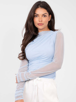 Light blue blouse with transparent sleeves.
