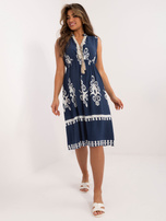 Hurt Granatowa boho sukienka z frędzlami przy dekolcie