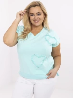 Miętowa bawełniana bluzka plus size w serca