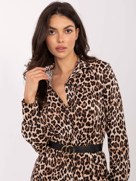 Beżowo-czarna koszulowa sukienka z paskiem