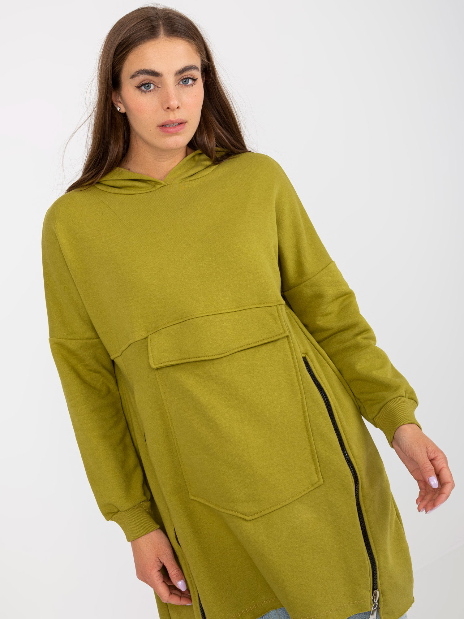 Hurt Oliwkowa długa bluza basic z kieszenią