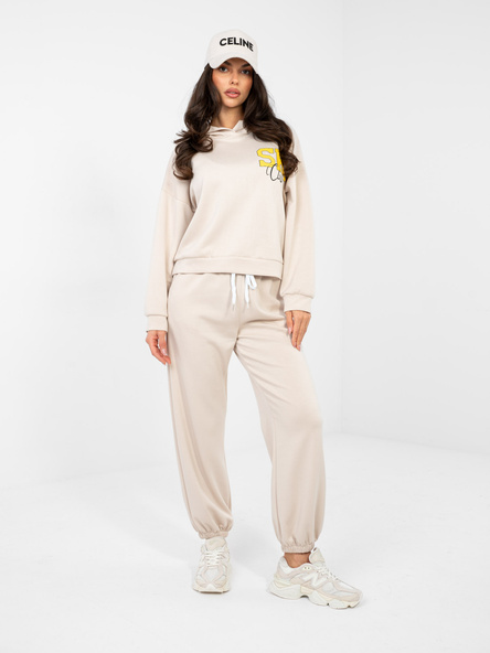 Beżowy casualowy komplet z napisem na bluzie RUE PARIS