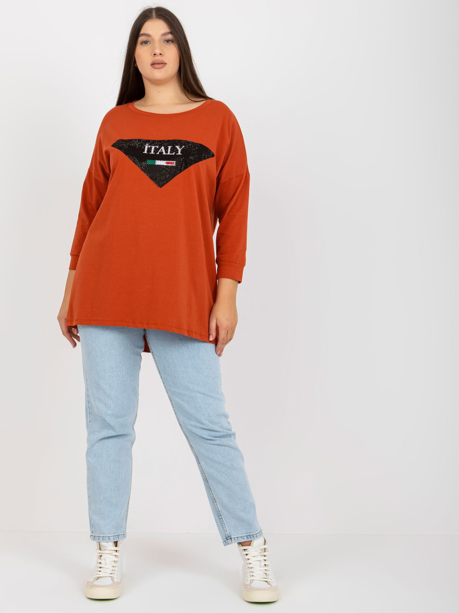 Ceglasta bluzka plus size z aplikacjami