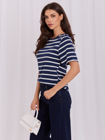 Dunkelblau-weißer Damen Basic T-Shirt mit Streifen RUE PARIS.