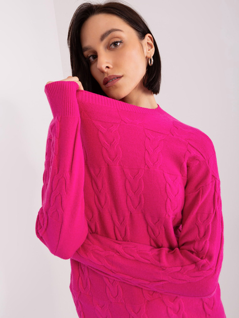Hurtownia Fuksjowy dzianinowy sweter z warkoczami