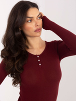 Bordowa krótka bluzka basic z długim rękawem 