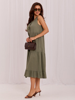 Khaki midi sukienka z frędzlami 