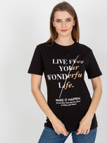 Hurt Czarny damski t-shirt z napisami i okrągłym dekoltem