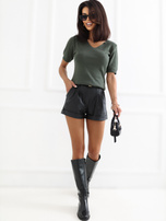 Khaki Damen Basic Pullover mit Rippbündchen.
