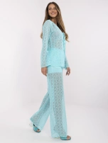 Miętowy ażurowy komplet z długimi spodniami