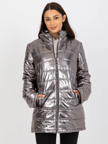 Hurtownia Srebrna damska kurtka pikowana z kieszeniami 