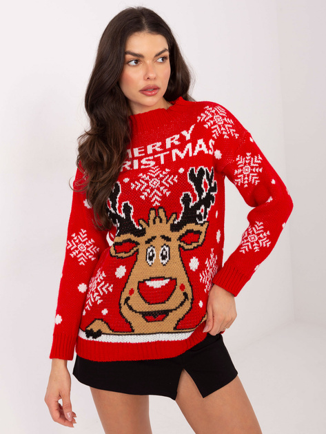 Czerwony świąteczny sweter z napisem Merry Christmas