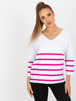 Großhandel weiß-fuchsia Basic-Bluse mit 3/4-Ärmeln RUE PARIS.