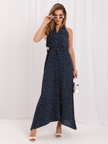 Navy blue summer dress with a neck tie.