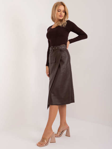 Hurt Ciemnobrązowa kopertowa spódnica cargo z ekoskóry