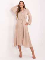 Beige shirt dress with a belt.