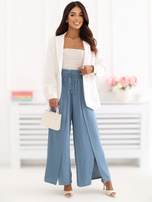 Dark blue wide-leg pants with slits.