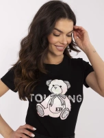 Czarno-różowy damski t-shirt z aplikacją misia
