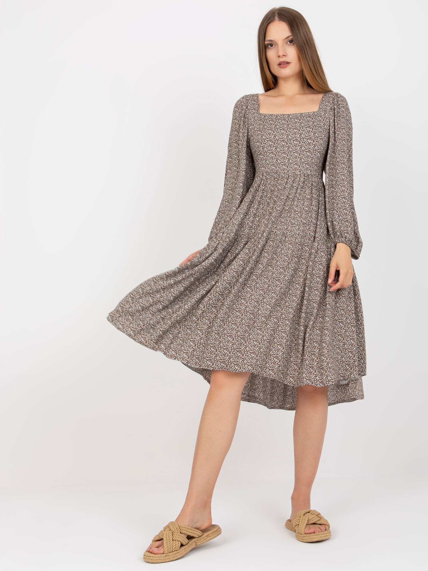 Béžové midi šaty s potiskem z viskózy ZULUNA.