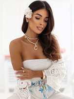 Ecru ażurowy sweter boho z rękawem 3/4