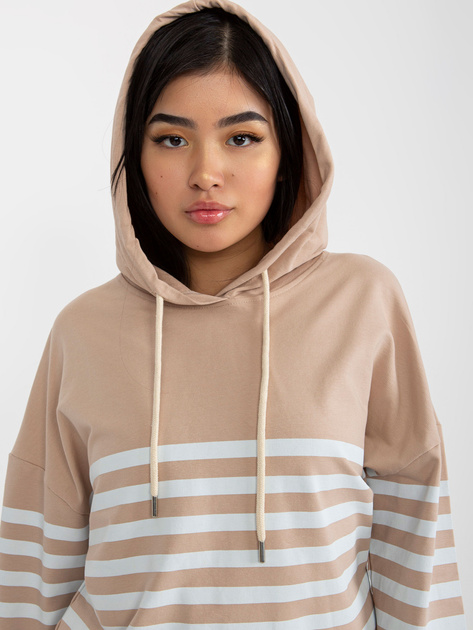 Hurt Beżowo-biała damska bluza basic z kapturem RUE PARIS