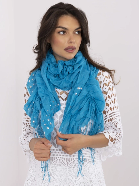 Niebieska damska chusta z frędzlami