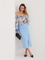 Jasnoniebieska ołówkowa spódnica z wysokim stanem RUE PARIS 