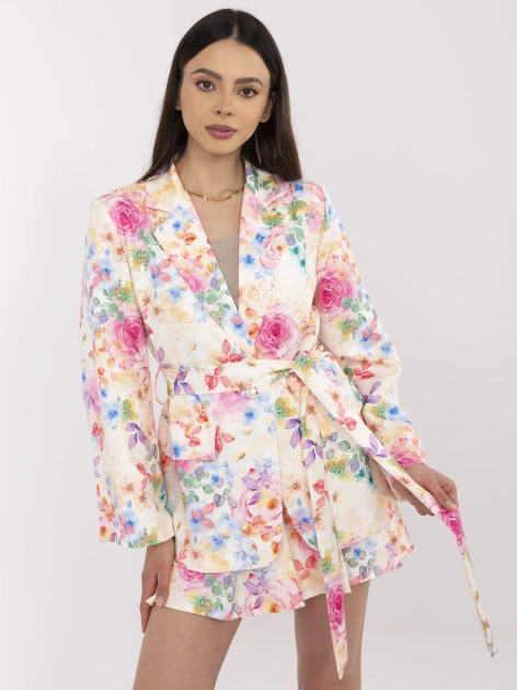 Ecru-niebieski elegancki komplet z paskiem