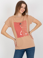 Hurt Camelowy damski t-shirt z nadrukiem i okrągłym dekoltem