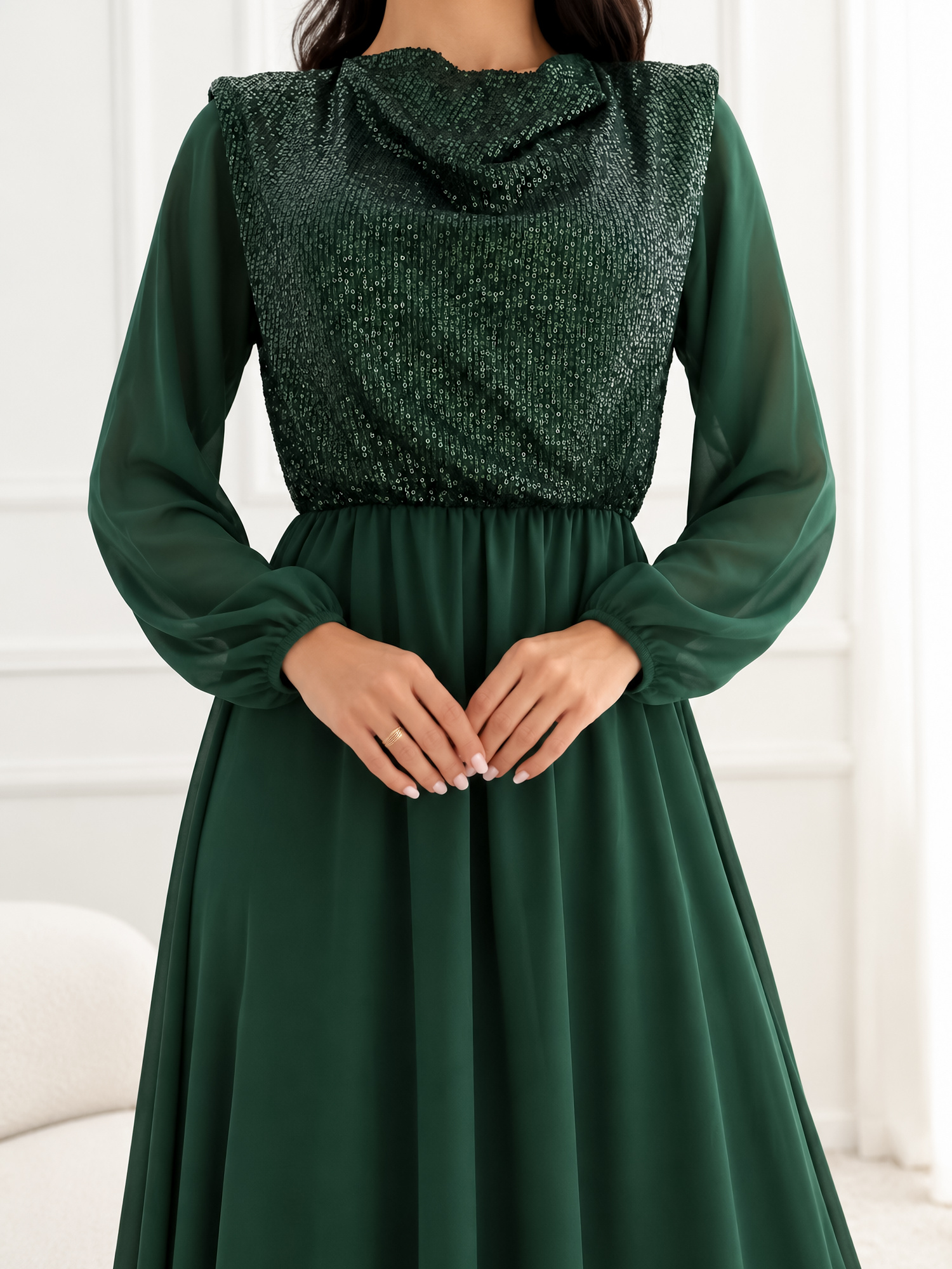 RUE PARIS Dark green evening dress with an elastic waistband.