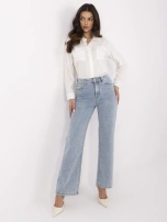 Blue long jeans with wide legs.