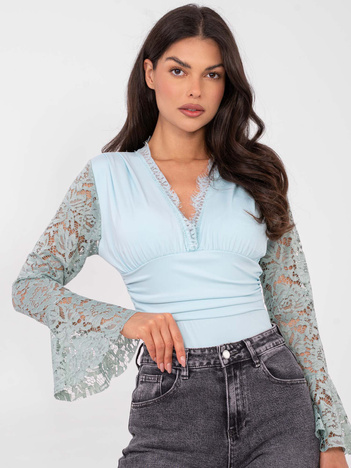 Miętowe damskie body z koronkowymi rękawami