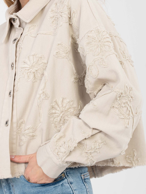 Beżowa jeansowa kurtka z kwiatową aplikacją RUE PARIS