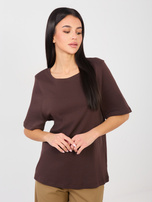 Czekoladowy t-shirt basic z okrągłym dekoltem RUE PARIS