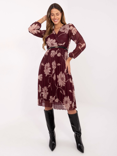 Burgundowa midi sukienka z kopertowym dekoltem