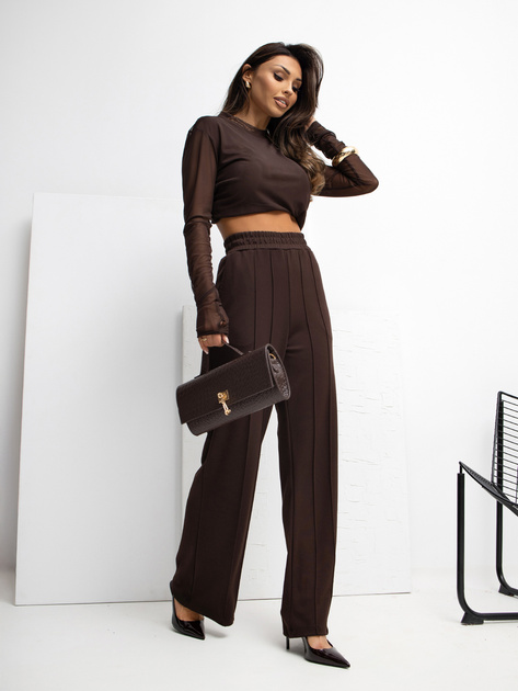 Czekoladowe spodnie basic bez zapięcia RUE PARIS