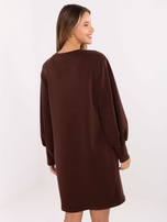 Chocolate dress with puff sleeves.