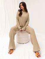 Hurt Beżowy damski komplet casualowy w prążek