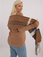 Hurt Brązowy długi szal damski z ciepłej dzianiny w kratę