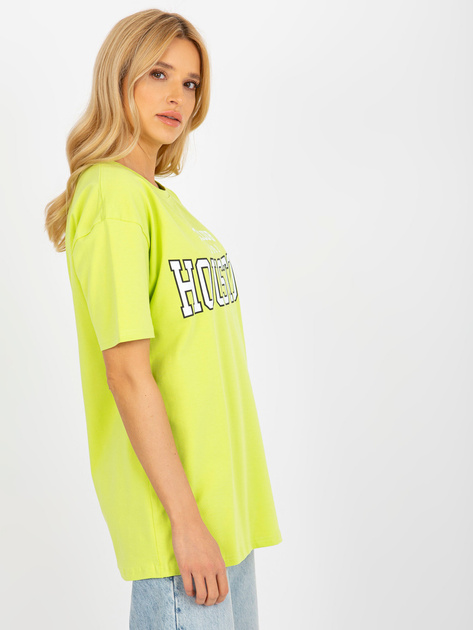 Hurtownia Limonkowy damski luźny t-shirt z napisem