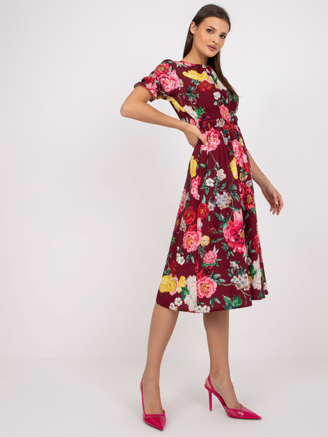 Bordowa sukienka w kwiaty o długości midi Melani