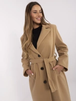 Camelowy przejściowy płaszcz damski w paski