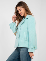 Pastelowy miętowy dwurzędowy płaszcz z paskami na rękawach