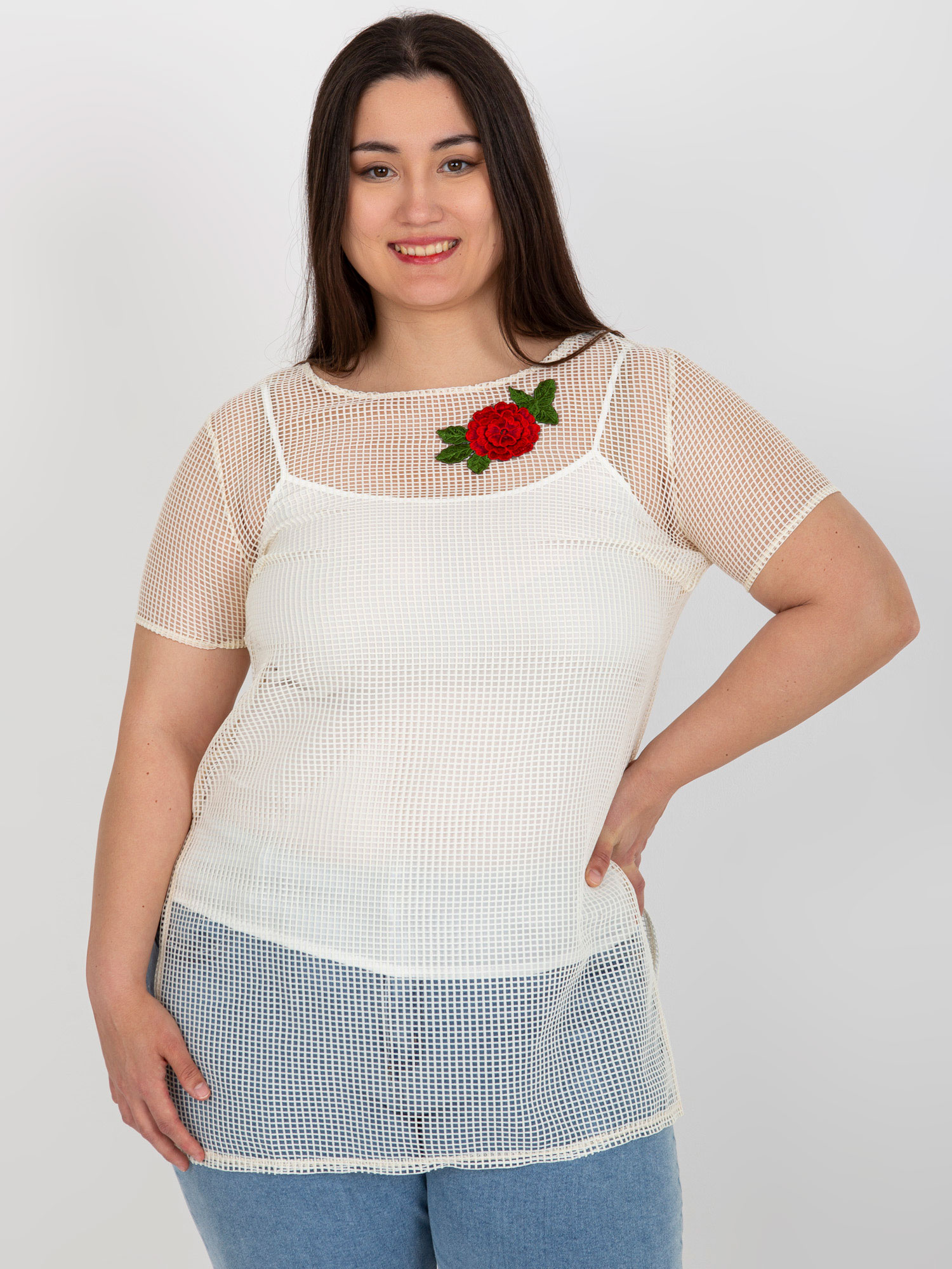 Hurt light beige two-piece plus size blouse with a patch.