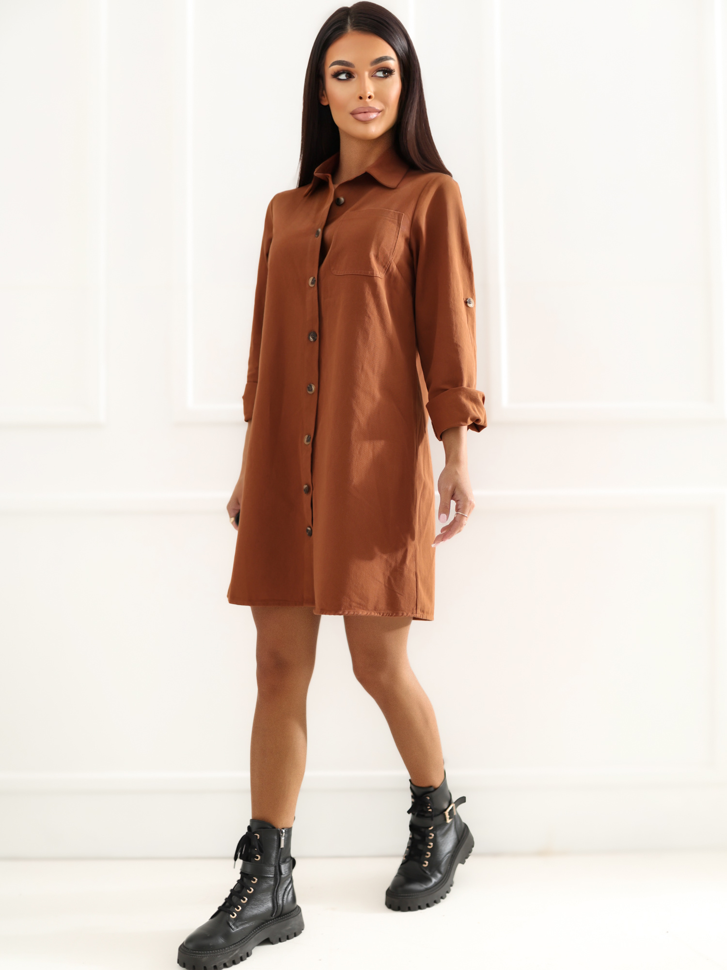 Light brown denim shirt dress.