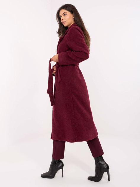 Bordowy damski płaszcz boucle z paskiem