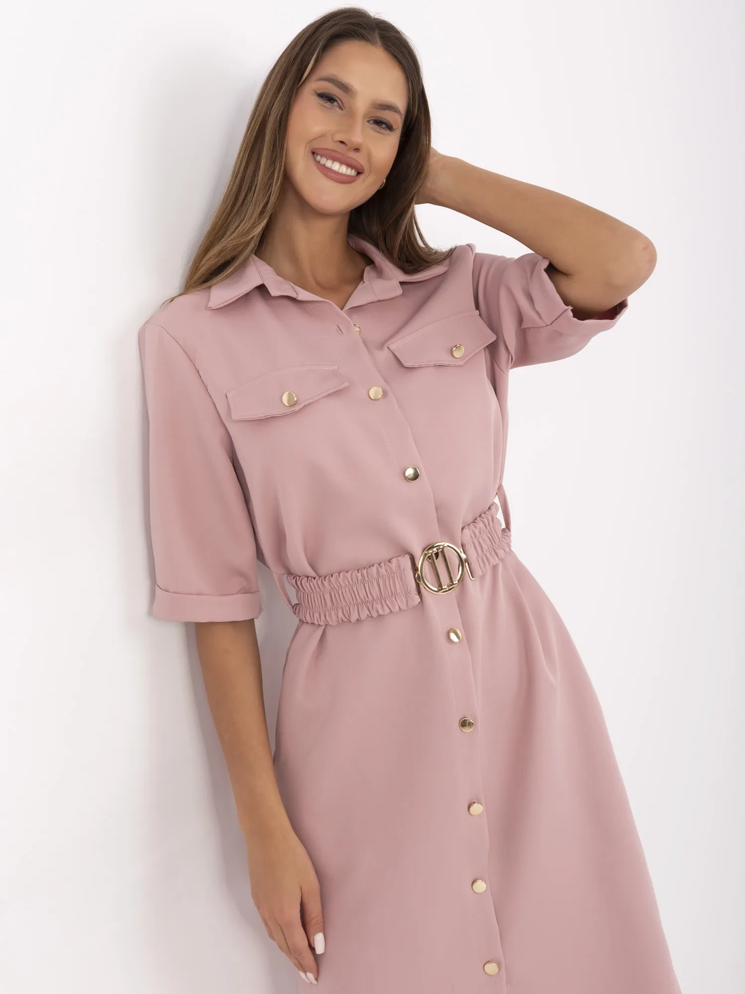 Dirty pink short-sleeved shirt dress.
